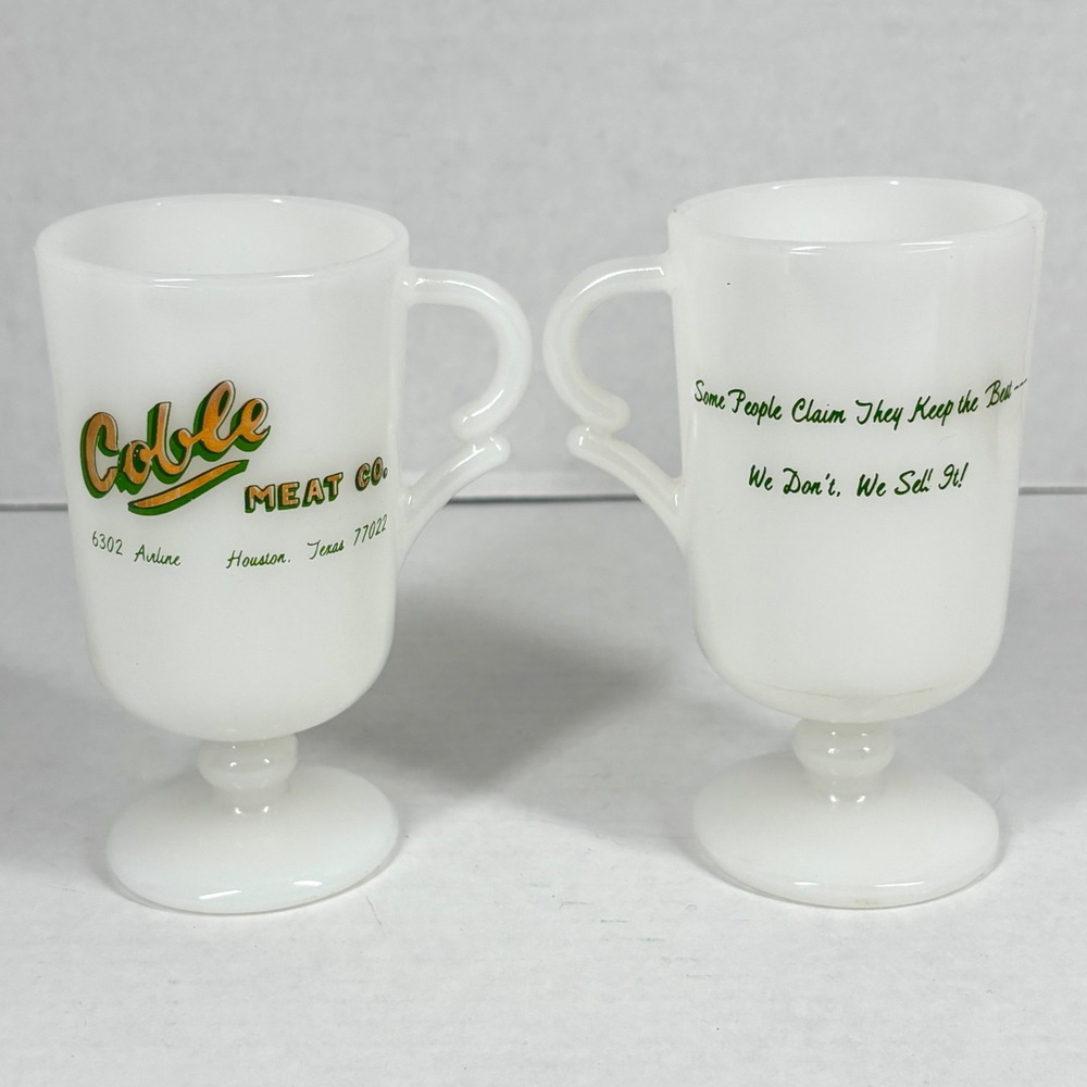 2 VTG MCM Milk Glass Footed Coffee Mugs SET Floral Band Pedestal Cobble Meat TX